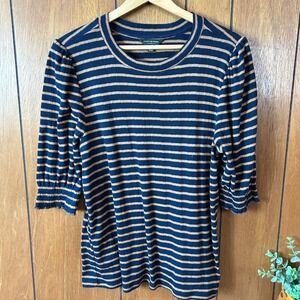 Lucky Brand Striped Ribbed Puff‎ Sleeve Crew Neck Top Size L Navy Tan Preppy